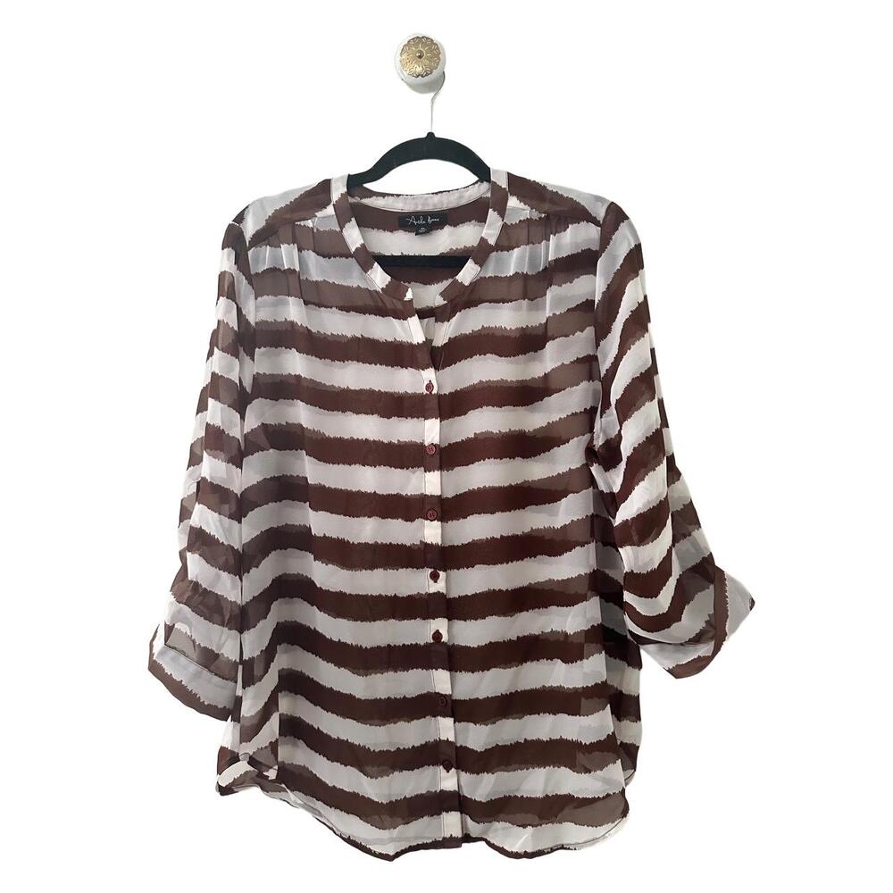 Antilia Femme Blouse Womens XL Brown White Casual Striped Button-Down Roll Tab